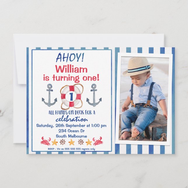 Boys Watercolor Nautical Birthday Party Invitation (Front)