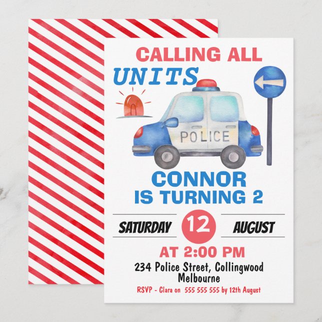 Boys Watercolor Police Car Birthday Invitation (Front/Back)