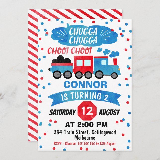 Boys Watercolor Train Birthday Invitation (Front/Back)