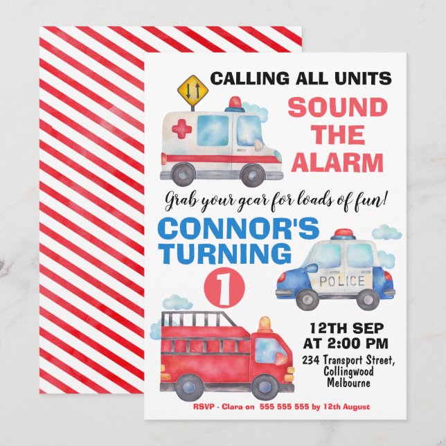 Boys Watercolor Transport 1st Birthday Invitation (Front/Back)