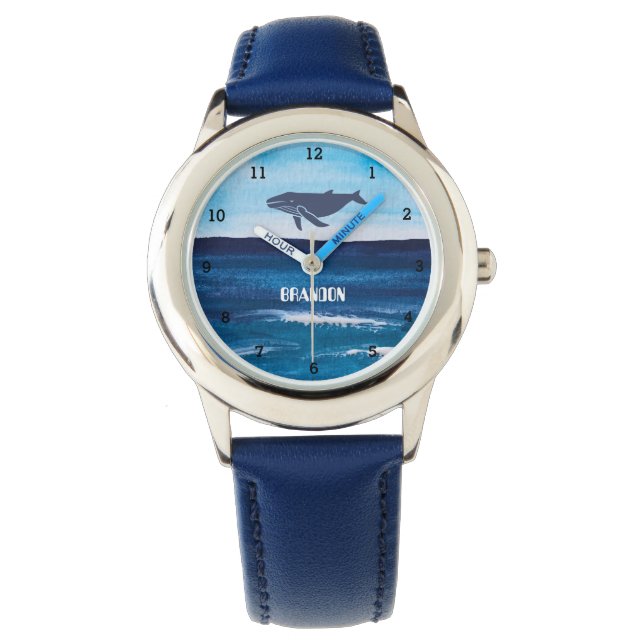 Boys Whale Ocean Fish Cute Modern Blue Kids Watch (Front)