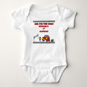 BOY'S WHITE RACE CAR ONE FOR THE ROAD 1ST BRTHDAY BABY BODYSUIT