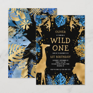 Boys Wild One 1st Birthday Blue Black Safari Invitation