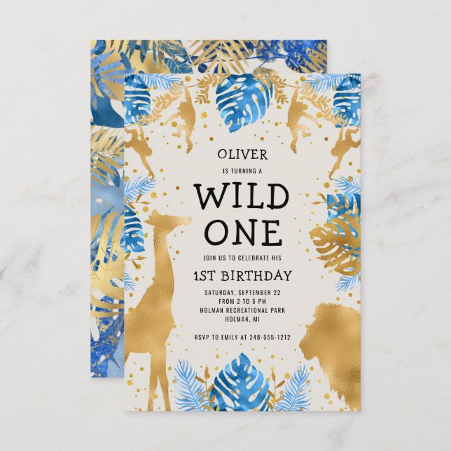 Boys Wild One 1st Birthday Blue Ecru Safari Invitation (Front/Back)