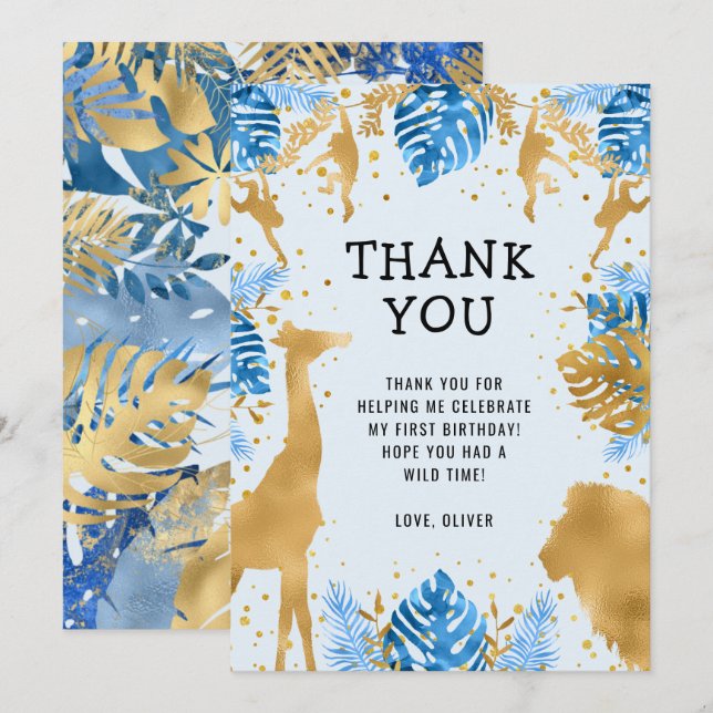 Boys Wild One 1st Birthday Blue Safari Thank You Invitation (Front/Back)