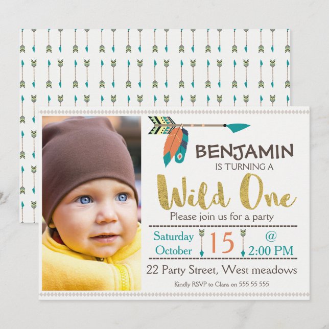 Boys Wild One Arrow 1st Birthday Invitation (Front/Back)