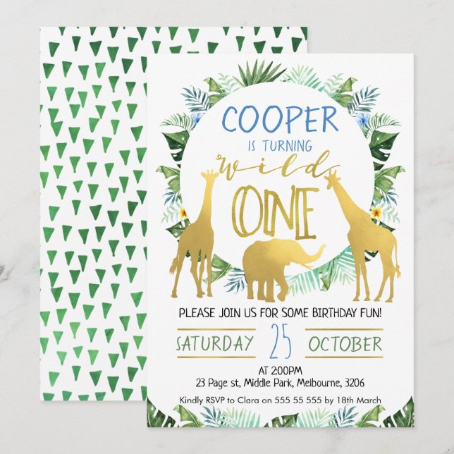 Boys Wild One Gold Animals Birthday Invitation (Front/Back)