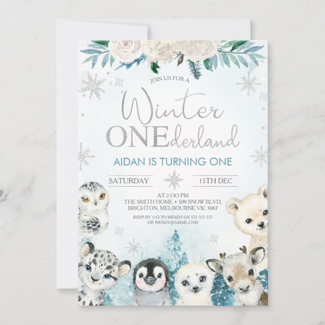 Boys Winter Animals Winter Onederland Birthday Invitation (Front)