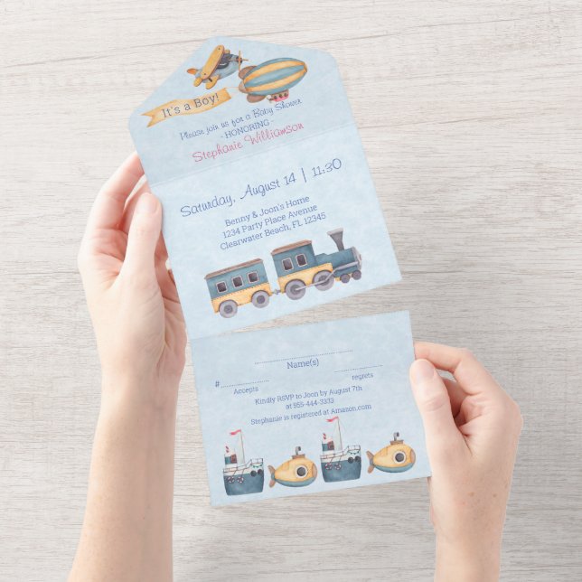 Boy's Wooden Toys Blue Baby Shower  All In One Invitation (Tearaway)