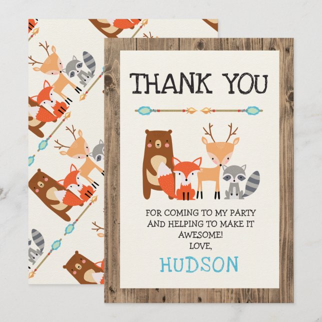 Boy's Woodland Animals Birthday Thank You Card (Front/Back)
