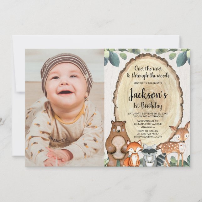 Boys woodland animals first 1st birthday photo invitation (Front)