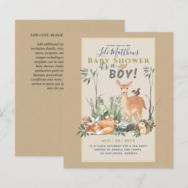 Boys Woodland Animals Forest Baby Shower Invites (Front/Back)