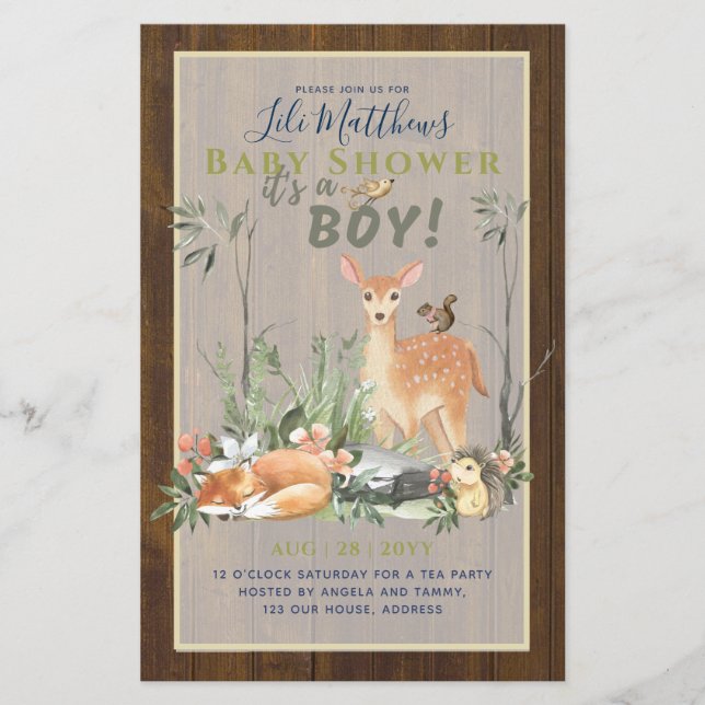 Boys Woodland Animals Forest Baby Shower Invites Flyer (Front)