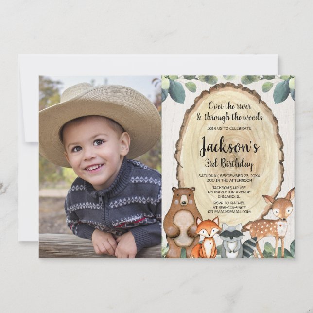 Boys woodland animals rustic forest birthday photo invitation (Front)