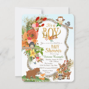 Boys Woodland Antler Baby Shower Invitation