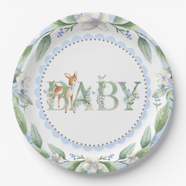 Boys Woodland Deer Baby Shower Paper Plates (Front)