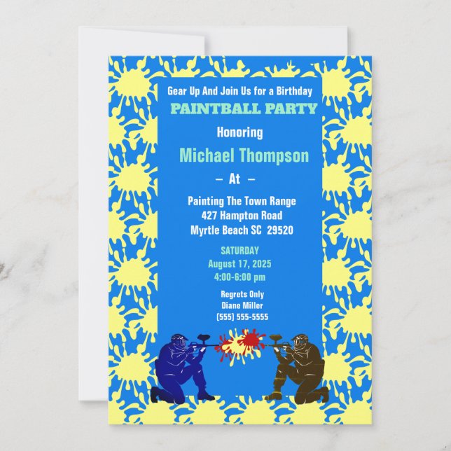 Boys Yellow and Blue Paintball Birthday Party Invitation (Front)