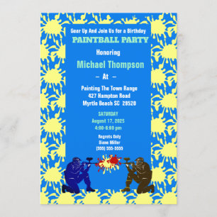 Boys Yellow and Blue Paintball Birthday Party Invitation