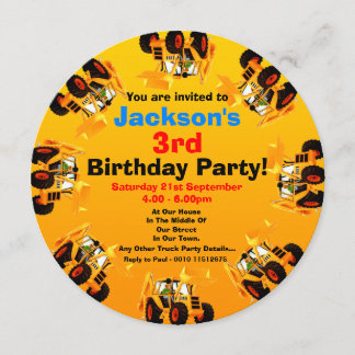 Boys Yellow Digger 3rd Birthday Construction Party Invitation