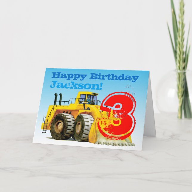 Boy's Yellow Digger Custom 3rd Birthday Card (Front)