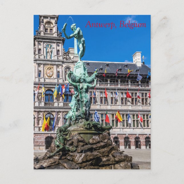 Brabo's monument and Stadhuis Antwerp Postcard (Front)