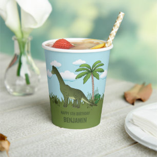 Brachiosaurus Dinosaur Blue Sky Tropical Birthday Paper Cups