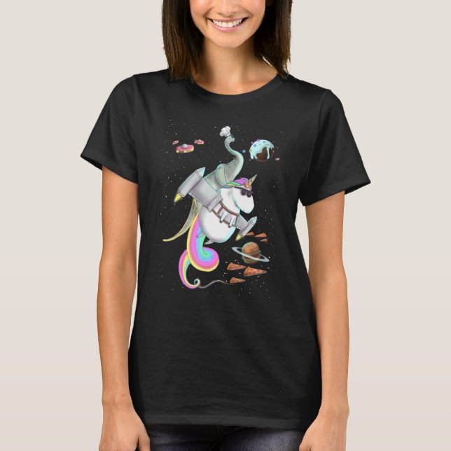 Brachiosaurus Dinosaur Riding Unicorn Food Space P T-Shirt (Front)