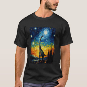 Brachiosaurus Dinosaur Starry Night Painting T-Shirt