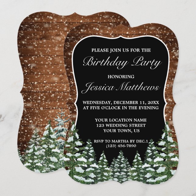 Bracket Black Snowy Wood & Forest Pine Birthday Invitation (Front/Back)