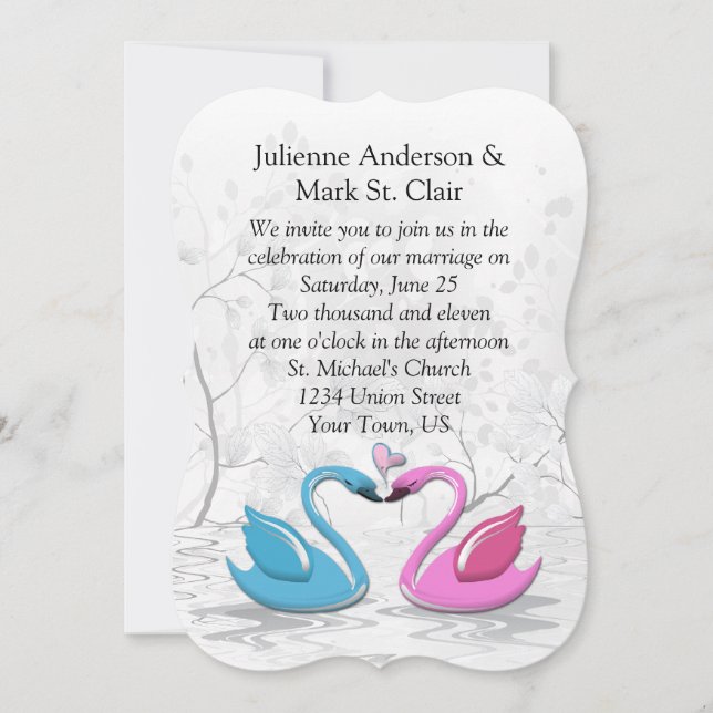 Bracket Edge Pink Blue Kissing Swans Wedding Invitation (Front)