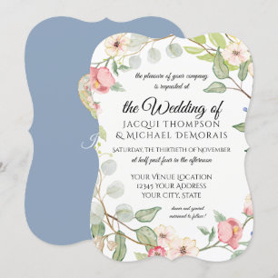 Bracket Frame Blue n Blush Pink Watercolor Flowers Invitation