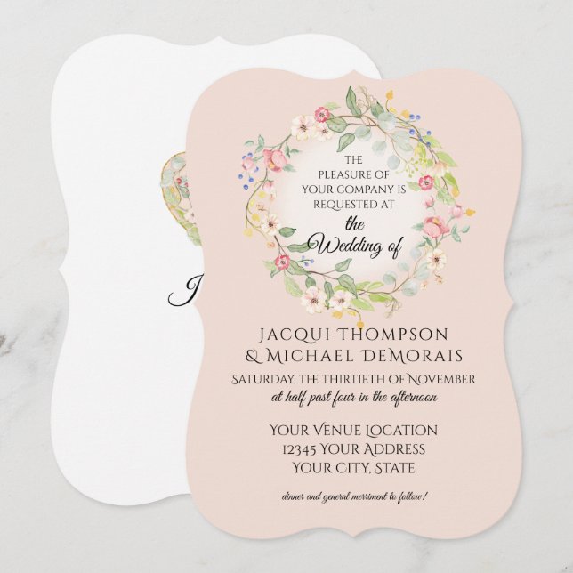 Bracket Shaped Romantic Blush Pink Floral Wedding Invitation (Front/Back)