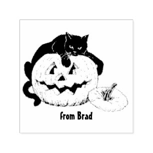 BRAD ~ HALLOWEEN ~ Vintage Cat Pumpkin drawing ~ Self-inking Stamp