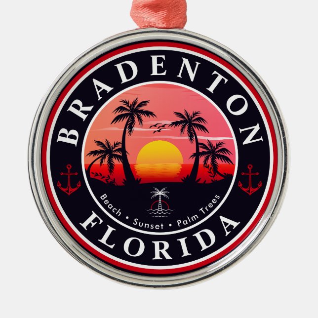 Bradenton Florida Retro Sunset Palm trees 1960s Metal Tree Decoration (Front)