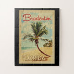 Bradenton Palm Tree Vintage Travel Jigsaw Puzzle<br><div class="desc">A uniquely retro mid-century modern Bradenton Florida art print in vintage travel poster style. It features a curved palm tree on sandy beach with ocean under a blue cloudy sky.</div>