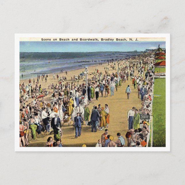 Bradley Beach NJ Scene on the Beach Boardwalk 1936 Postcard (Front)