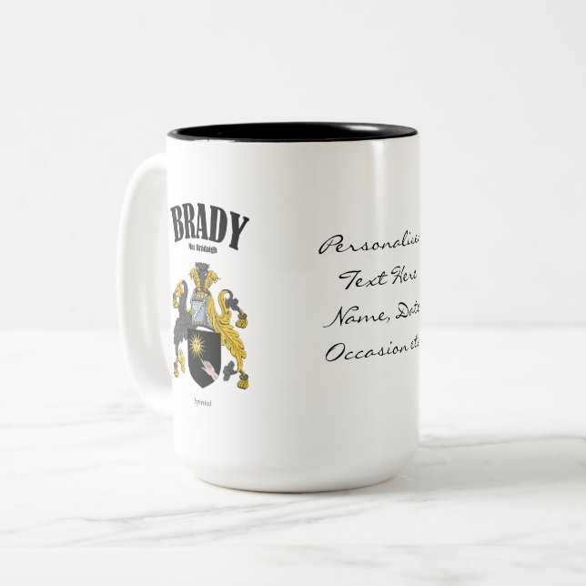 Brady Family Crest, Translation & Meaning Two-Tone Coffee Mug (Front Left)