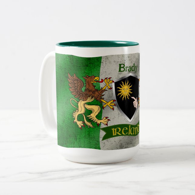 Brady Irish Shield w/Distressed Flag Personalised Two-Tone Coffee Mug (Front Left)