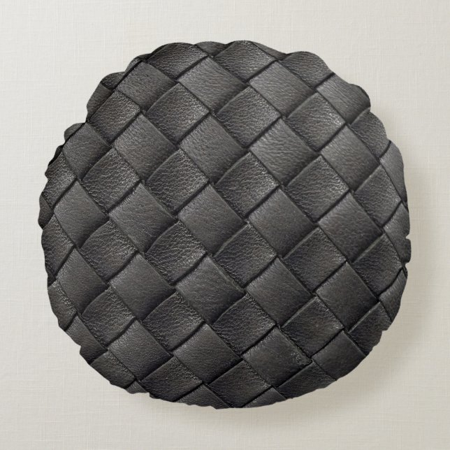 Braided Black Leather: Vintage Texture Round Cushion (Front)