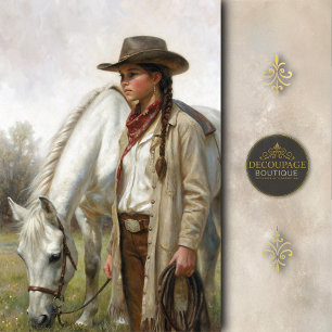 Braided Cowgirl With White Horse Decoupage Tissue Paper