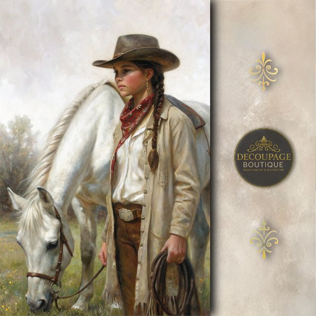 Braided Cowgirl With White Horse Decoupage Tissue Paper (Braided Cowgirl With White Horse Decoupage Tissue Paper)