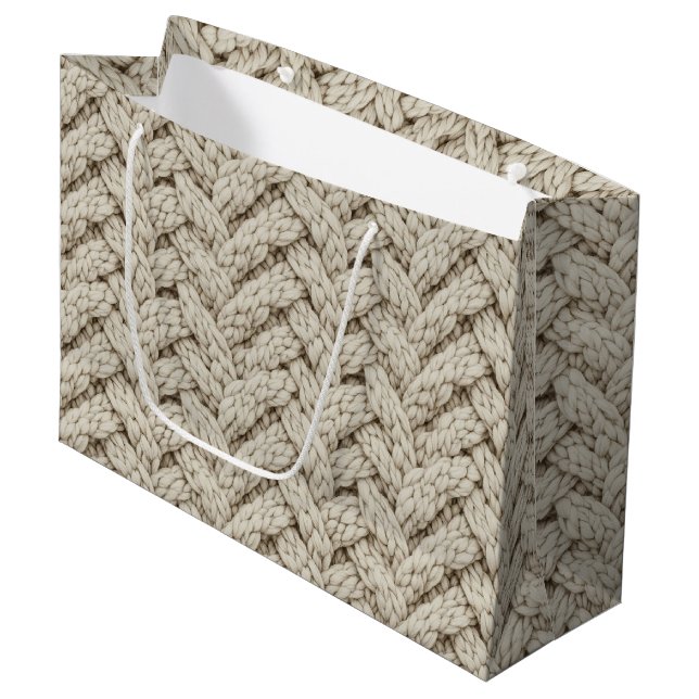 Braided Thread Knit Texture – Warm Beige (2) Large Gift Bag (Front Angled)
