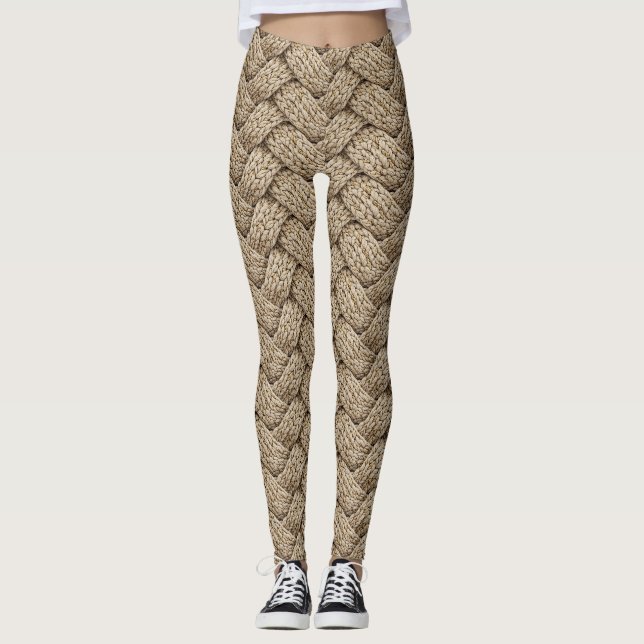 Braided Thread Knit Texture – Warm Beige Leggings (Front)