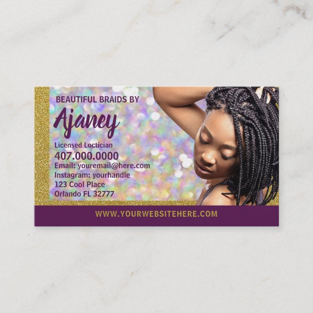 Braider Braids Loctician Glitter Business Card (Front)