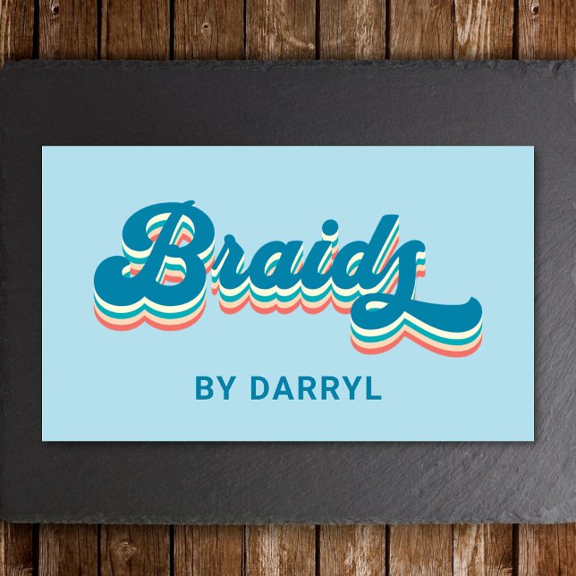 Braids Braiding Braider Groovy Retro Blue Business Card (Retro blue braids business card  placed on a wood and slate background. )