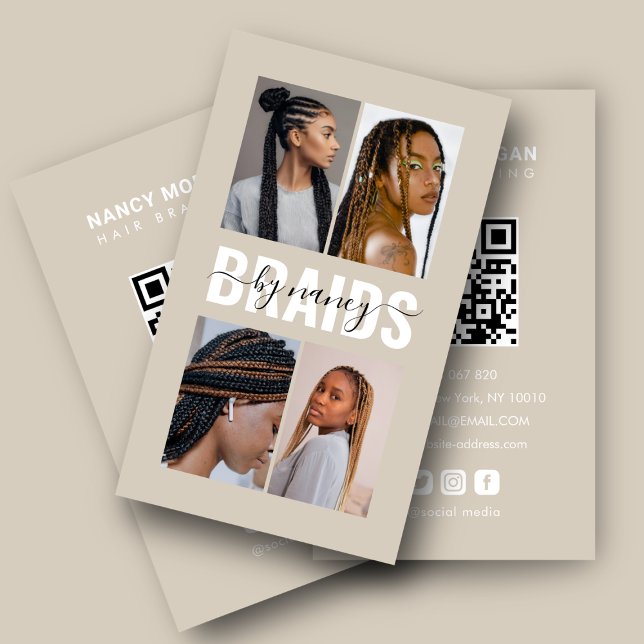 Braids Calligraphy Script Photo Collage Beige  Business Card (Creator Uploaded)