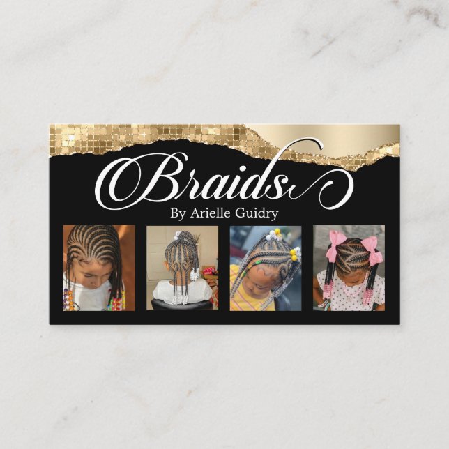 Braids Hair Braiding Stylist Salon Gold Glam Photo Business Card (Front)