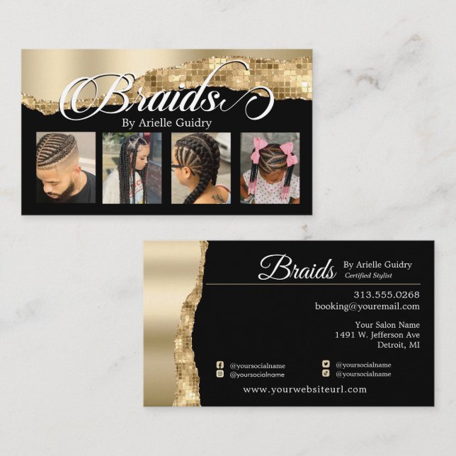 Braids Hair Braiding Stylist Salon Gold Glam Photo Business Card (Front/Back)