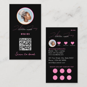 Braids Hair Discount Loyalty QR Code Black Pink Business Card