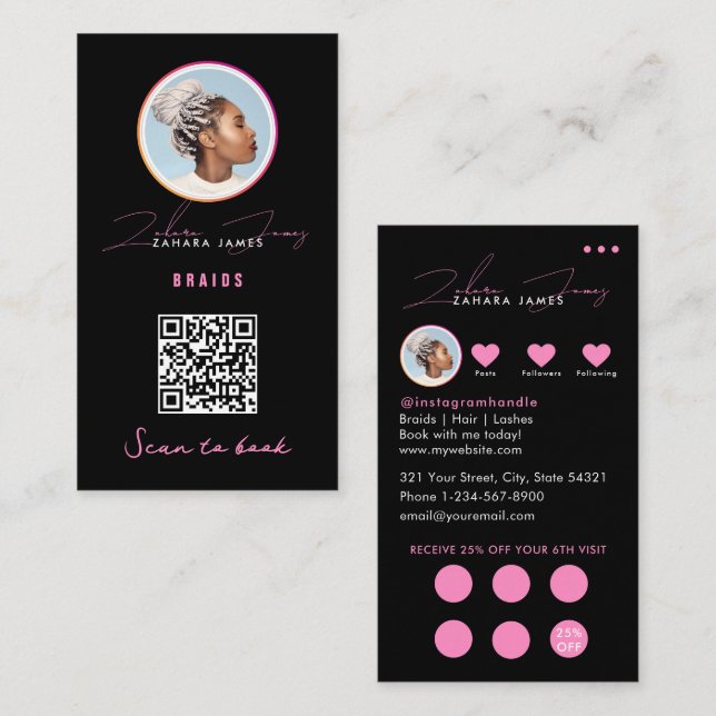 Braids Hair Discount Loyalty QR Code Black Pink Business Card (Front/Back)